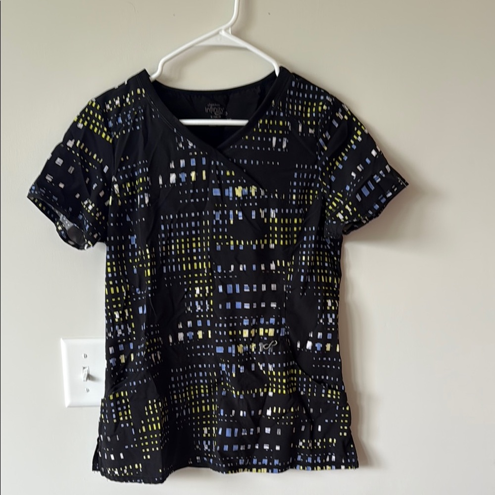 Black Patterned Short Sleeve Scrub Top